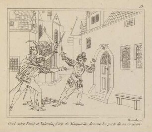 Duel entre Faust et Valentin, frère de Marguerite, devant la porte de sa maison