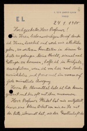 Nr. 2 Brief von Edmund Landau an David Hilbert. Paris, 24.1.1900