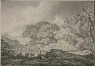 Baumpartie, vorne eine Schafherde, hinten an einem Zaun ein Wagen mit zwei Pferden