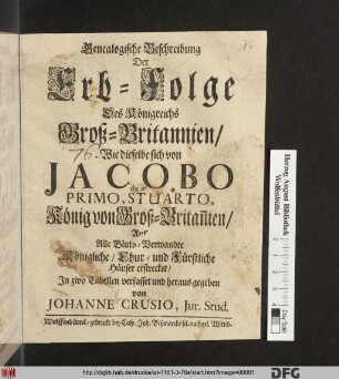 Genealogische Beschreibung Der Erb-Folge Des Königreichs Groß-Britannien/ Wie dieselbe sich von Jacobo Primo, Stuarto, König von Groß-Britan[n]ien/ Auf Alle Bluts-Verwandte Königliche/ Chur- und Fürstliche Häuser erstrecket