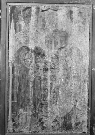 Jakobi-Altar — Altar im geschlossenen Zustand — Bischof und Katharina und phantastische Architektur