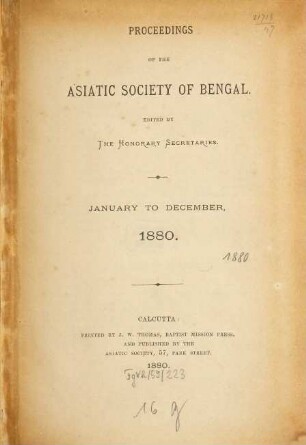 Proceedings of the Asiatic Society of Bengal. 1880