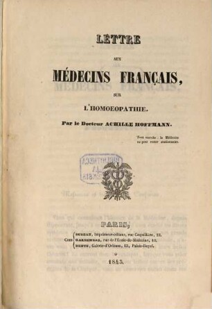Lettre aux médecins français sur l'homoeopathie