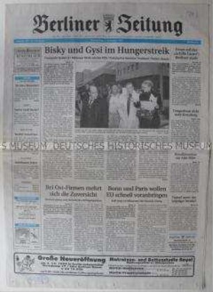 Fragment der "Berliner Zeitung" u.a. zum Protest der PDS-Führung gegen Steuerforderungen in Millionenhöhe