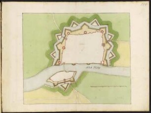 Festungsplan von Solothurn, kolorierter Handzeichnung, vor 1695 : [Festungsplan von] Solothur / [Johann George Starck]. [S.l., S.a.].- [nach 1695] - 1 Plan : Handzeichng. - 42,8 x 36,0 cm.