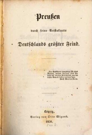Preußen durch seine Aristokratie Deutschlands größter Feind