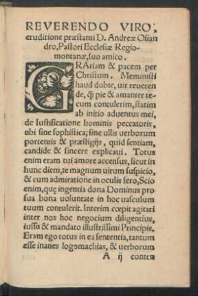 Reverendo Viro, eruditione praestanti, D. Andreae Osiandro, Pastori Ecclesiae Regiomontanae, suo amico.
