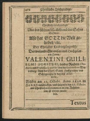 Christliche Leichpredigt ... Herrn Valentini Guilielmi Forsteri ...