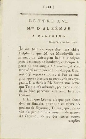 Lettre XVI. M.lle D'Albémar A Delphine. Montpellier, 20. Mai 1790