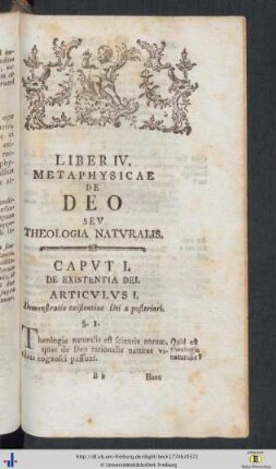 Liber IV. Metaphysicae De Deo Seu Theologia Naturalis.