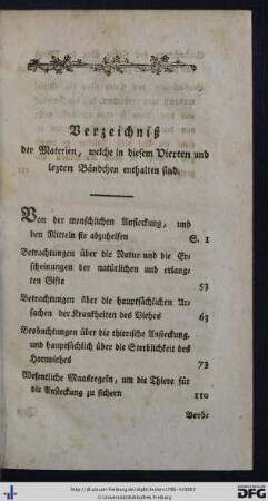 Verzeichniß der Materien, welche in diesem Vierten und lezten Bändchen enthalten sind.