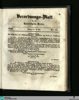 Großherzoglich Badisches Anzeige-Blatt für den Unterrhein-Kreis, Verordnungs-Blatt
