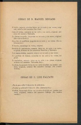 Obras de D. Manuel Soriano [y] D. Luis Falcato
