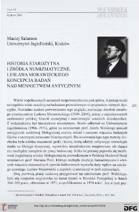 6: Historia Starożytna i źródła Numizmatyczne : Lesława Morawieckiego koncepcja badań nad mennictwem antycznym