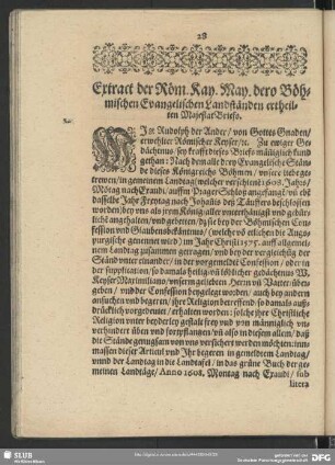 Extract, der Röm. Kay. May. Dero Böhmischen Evangelischen Landständen ertheilten MajestatBriefs