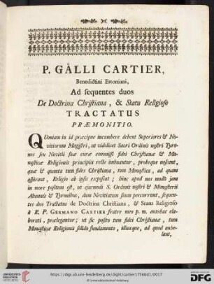 Præmonitio ad sequentes duos de Doctrina Christiana, & Statu Religioso tractatus
