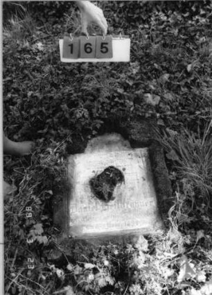 Grabstein 165 (Index: 99792282) Material: Sandstein, weiße Marmorplatte Zustand: beschädigt und verwittert mit Textverlust, Stele liegend Maße HxBxT: 112x56x13 cm Beschreibung: Stele, Schriftplatte mit eingezogener Rundbogenabschluß: Grabstein 165