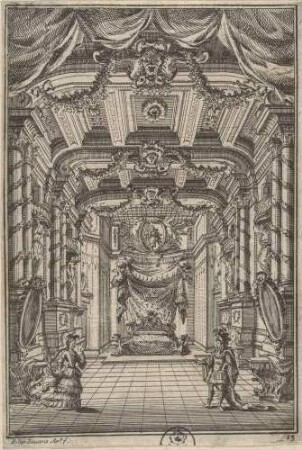 Bühnenbild für die Oper „Teodosio il Giovane“ von Filippo Amadei im Teatro Ottoboni des Palazzo della Cancelleria in Rom im Jahr 1711 (Akt 1, Szene 5: Atenaide und Acrisia in einem Gemach am kaiserlichen Hof von Konstantinopel)