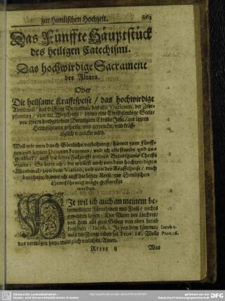 Das Fünffte Häuptstück des heiligen Catechismi. Das hochwirdige Sacrament des Altars