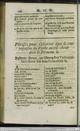 Phrases pour s' exercer dans la conjugaison du verbe auxil. Avoir avec le Pronom. le. Redens-Arten, zur Ubung des Verbi auxiliaris Avoir mit dem Pronomine le.