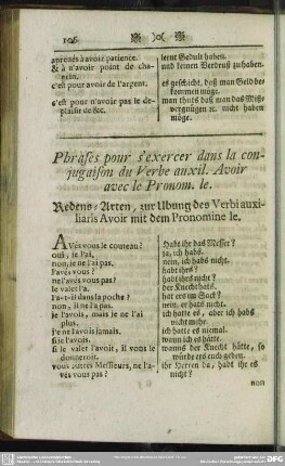 Phrases pour s' exercer dans la conjugaison du verbe auxil. Avoir avec le Pronom. le. Redens-Arten, zur Ubung des Verbi auxiliaris Avoir mit dem Pronomine le.