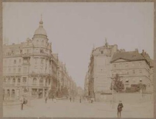 Dresden-Altstadt, König-Johann-Straße. Blick vom Pirnaischen Platz gegen Eckhaus mit Gaststätte "Frankenbräu"