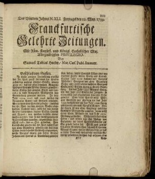 N. XLI. Freytags den 22. May 1739 - N. L. Dienstags den 23. Junii 1739