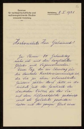 Brief von Friedrich Karl Neubecker an Otto von Gierke, Heidelberg, 8.1.1921
