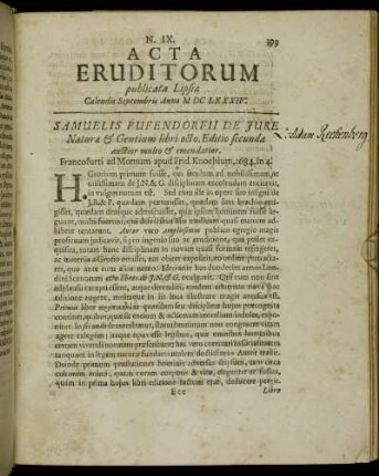 N. IX. [...] Calendis Septembris Anno M DC LXXXIV.
