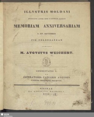 1835: Illustris Moldani dedicati ante hos ... annos memoriam anniversariam ... pie celebrandam ... indicit