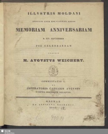 1835: Illustris Moldani dedicati ante hos ... annos memoriam anniversariam ... pie celebrandam ... indicit