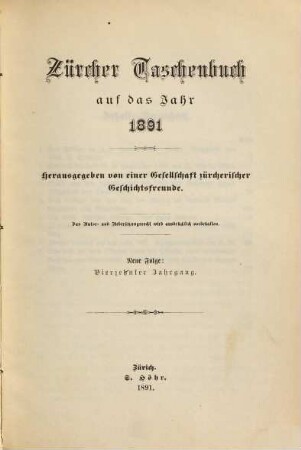 Zürcher Taschenbuch .... 1891 = N.F., Jg. 14