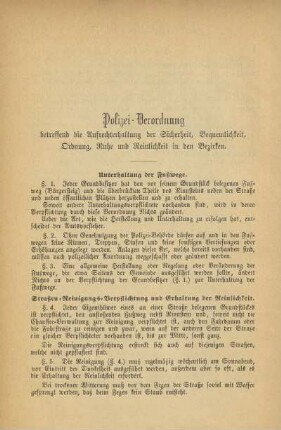 Polizei-Verordnung betreffend die Aufrechterhaltung der Sicherheit, Bequemlichkeit, Ordnung, Ruhe und Reinlichkeit in den Bezirken
