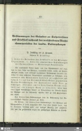 Bestimmungen des Gehaltes an Salpetersäure und Stickstoff während der verschiedenen Wachsthumsperioden der landw. Culturpflanzen