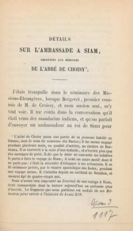 Détails sur l'ambassade a Siam, ...