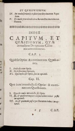 Index Capitum Et Quaestionum, Quae in tractatu De optione Canonica continentur