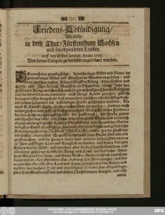 Friedens-Ankündigung, Wie solche in dem Chur-Fürstenthum Sachsen und incorporirten Landen auff den Ersten Januar. Anno 1707. Von denen Cantzeln zu verlesen angeordnet worden.