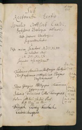 Winterhalbjahr 1748/1749. Rektorat Israel Gottlieb (Theophil) Canz