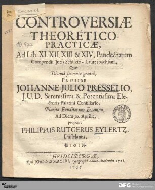 Controversiæ theoretico-practicæ, Ad Lib. XI. XII. XIII. & XIV. Pandectarum Compendii Juris Schüzio-Lauterbachiani