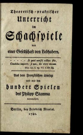 Theoretisch-praktischer Unterricht im Schachspiele