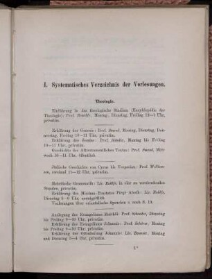 I. Systematisches Verzeichnis der Vorlesungen