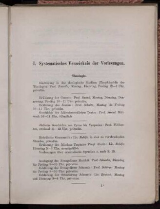 I. Systematisches Verzeichnis der Vorlesungen