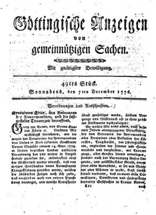 49tes Stück. Sonnabend, den 7ten December 1776.