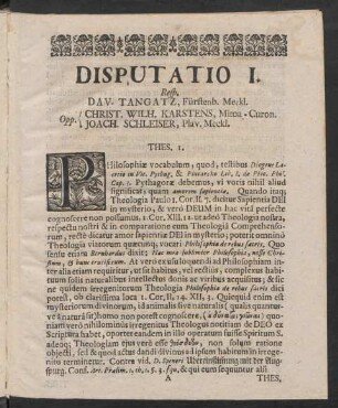 Disputatio I. Resp. Dav. Tangatz, Fürstenb. Meckl. Opp. Christ. Wilh. Karstens, Mitoa-Curon. Joach. Schleiser, Plav. Meckl.