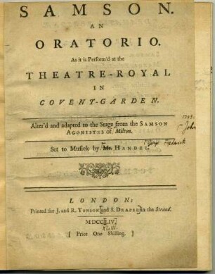 Samson : An Oratorio ... / Set to Musick by Mr. Handel.