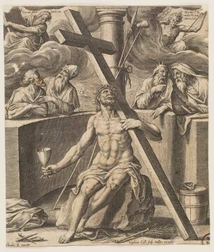 Christus als Schmerzensmann mit Leidenswerkzeugen, Kaiphas, Moses, Herodes und Annas im Hintergrund