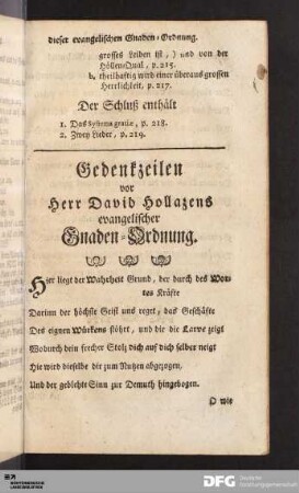 Gedenkzeilen vor Herr David Hollazens evangelischer Gnaden-Ordnung.