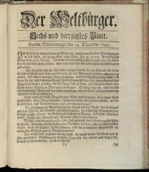 Sechs und vierzigstes Blatt. Berlin, Donnerstags den 14. December 1741.