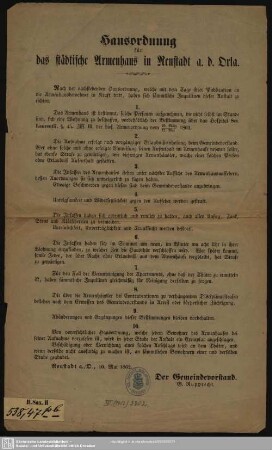 Hausordnung für das städtische Armenhaus in Neustadt a. d. Orla : Neustadt a./O., 10. Mai 1862