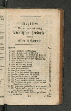 Register über die zwey und funfzig Biblische Historien aus dem Alten Testamente.